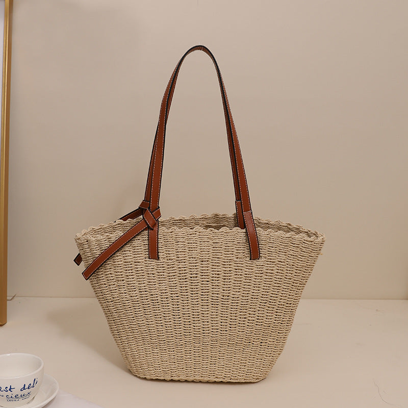 Simple Shoulder Straw Bag Large Capacity Woven Tote Women Bag Seaside Vacation Beach Bag