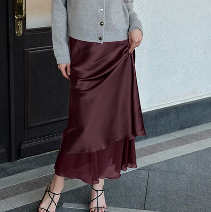 Women Clothing Satin Skirt Women Spring Summer Patchwork Mesh Double Layer Design Sheath - Wanita Store