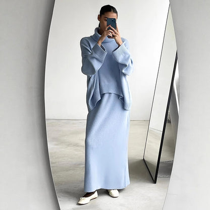 Turtleneck Sweater Skirt Set Women Autumn Winter Loose Knitted Two Piece Sweater Set Women - Wanita Store