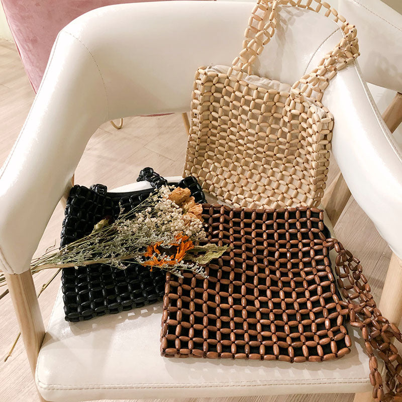 Retro Autumn Large Capacity Wooden Bead Handmade Beaded Weave Hollow Out Cutout Bag All Match Portable Shoulder
