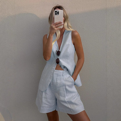 Cotton Linen Vest Shorts Set Summer Office Vest Shorts Set Casual Women - Wanita Store