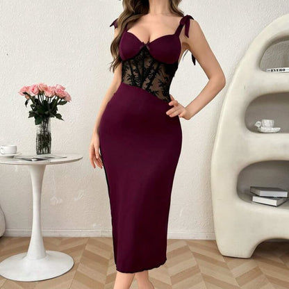 Sexy Lace See through Boning Corset Plastic High Slit Sexy Tied Dress