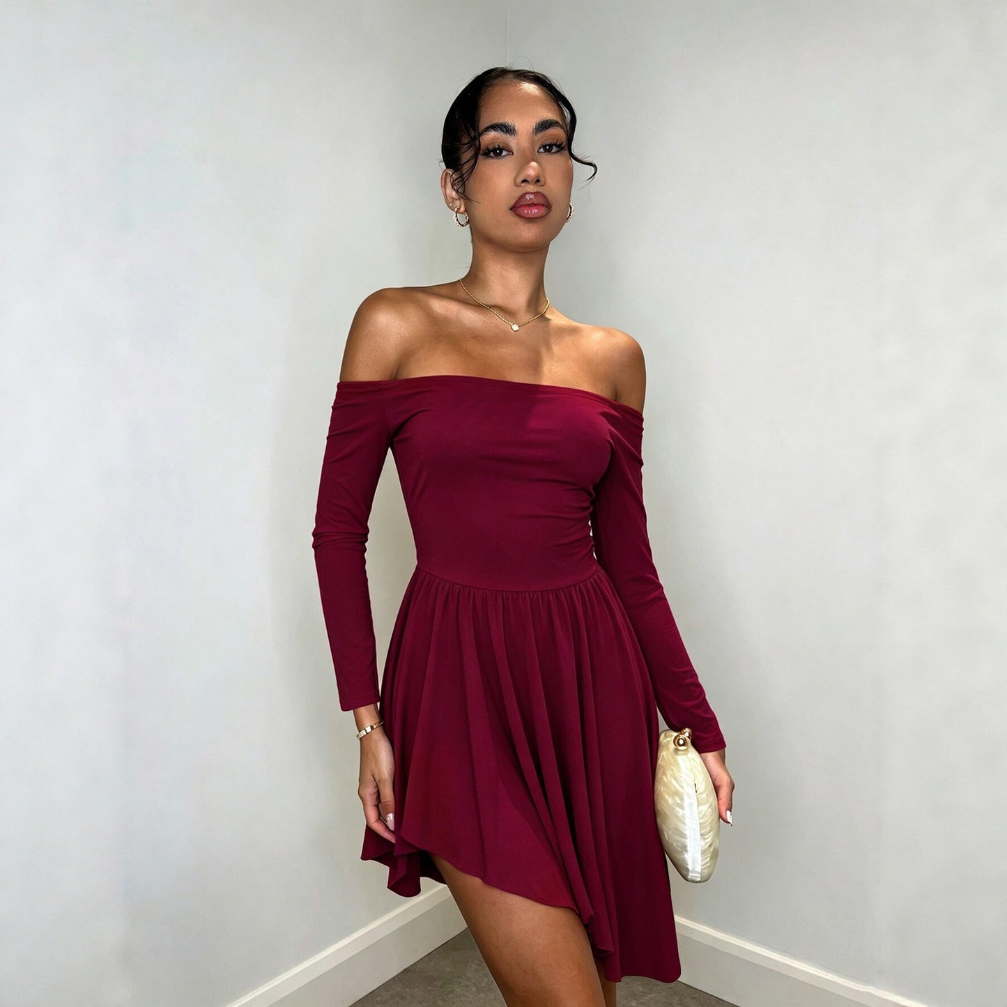 Off Shoulder Long Sleeve Dress Tight Waist Irregular Asymmetric Sexy Dress