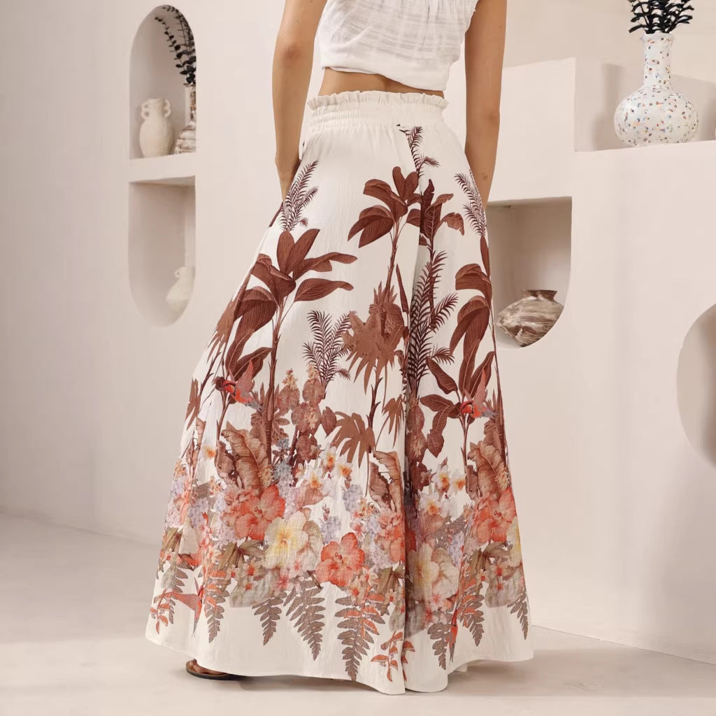 Pantalones de Verano de Pierna Ancha Estampado de Hojas Casuales Sueltos de Pierna Ancha