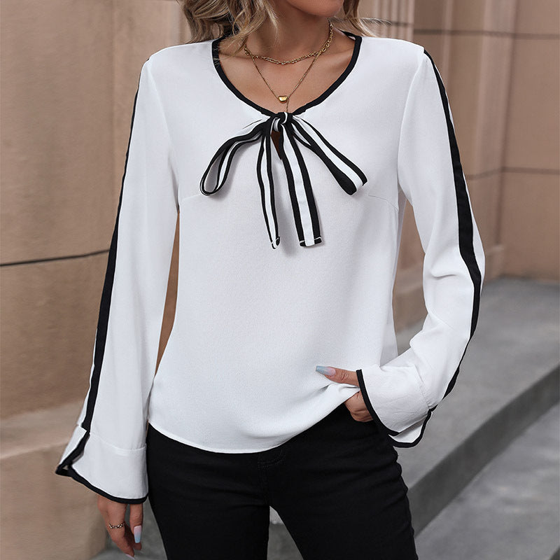 Women Spring Clothing Office Top Lace Bow Shirt Long Sleeve Contrast Color Shirt