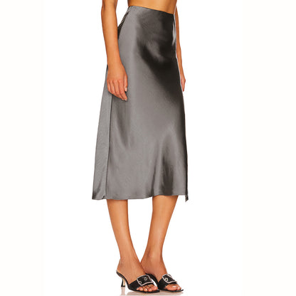 Satin Skirt Elastic High Waist Solid Color Slit Midi Skirt Women Clothing - Wanita Store