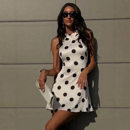 Vestido acampanado sin mangas con estampado de lunares y cuello halter para mujer, vestido corto de satén elegante