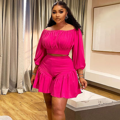 plus Size Women Clothing Pleated off Neck Fluffy Waist Trimming Casual Two Piece Sets - Wanita Store