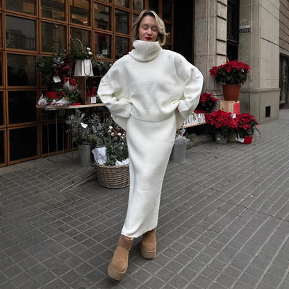 Turtleneck Sweater Skirt Set Women Autumn Winter Loose Knitted Two Piece Sweater Set Women - Wanita Store