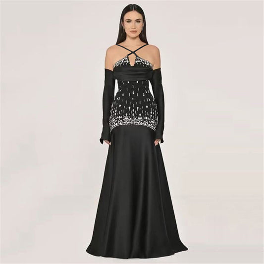 Luxury Beads Rhinestones Sexy Cross Sling Bandage One Piece Dress Dinner Party Dress