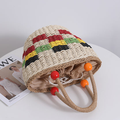 Cute Wooden Bead Portable Straw Weaved Bag Fresh Color Plaid Hand Carrying Woven Bag Fruit Picnic Basket Beach Bag - Wanita Store