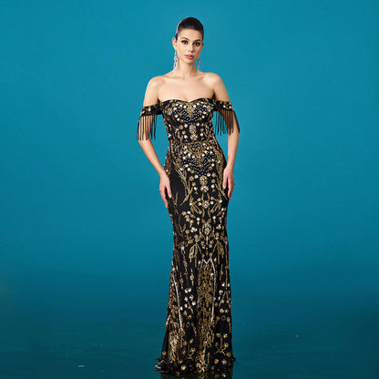 Women Clothing High Grade off Neck Tassel Sequined Fishtail Evening Dress Cocktail Dress Women - Wanita Store