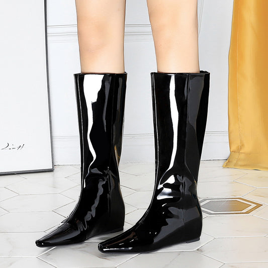Wide Tube Women Boots Back Zipper Square Toe Middle Heel Wedge Height Increasing ole Shiny Patent Leather High Leg Boot
