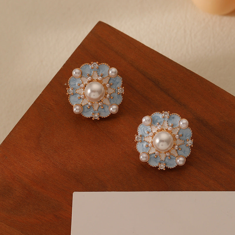 French Blue Color Oil Glaze Floral Stud Earrings Light Luxury High Grade Retro Minority Mid Ancient Pearl Earrings for Women - Wanita Store