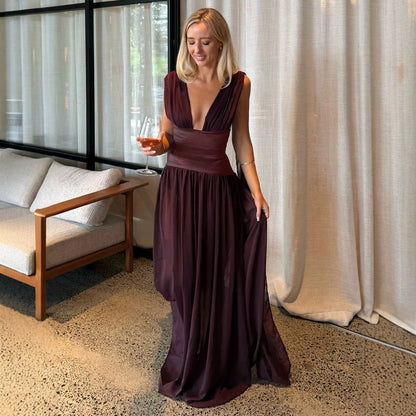 Vestido rojo vino para mujer, de verano, sin mangas, con escote pronunciado en V, ajustado, cintura alta, de chifón drapeado, para cena