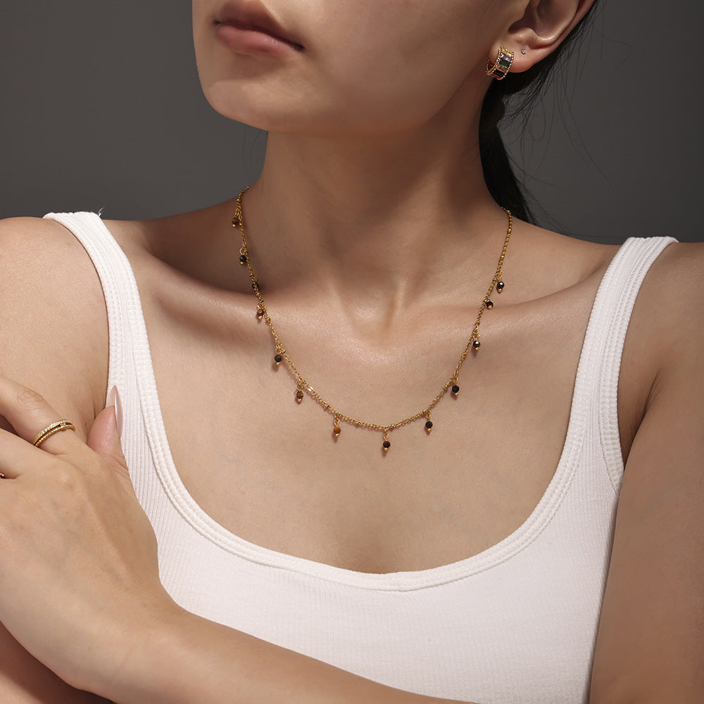 Mioli Natural Stone Handmade Small Bead Clavicle Ultra Fine Necklace Double Layer Twin Plated 18K Real Gold Color Retaining Necklace Women - Wanita Store