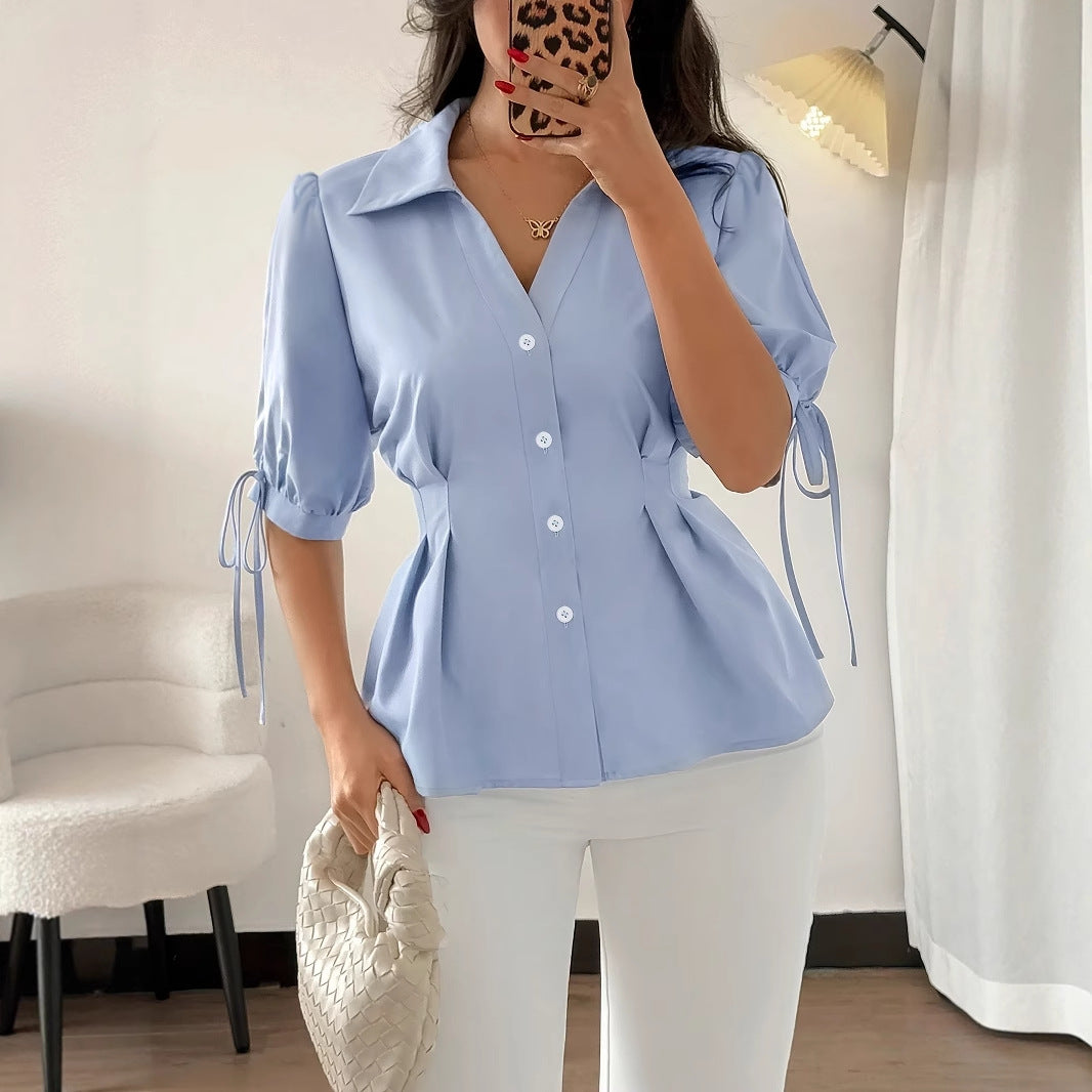Office Spring Summer Waist Tight Waist a Swing Short Sleeve Cuff Lace up Design Pleated Slim Shirt Women Professional - Wanita Store