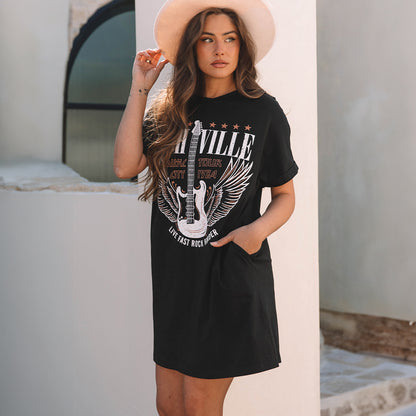 Loose Casual Letters Printed Short Summer round Neck Short Sleeve Dress - Wanita Store
