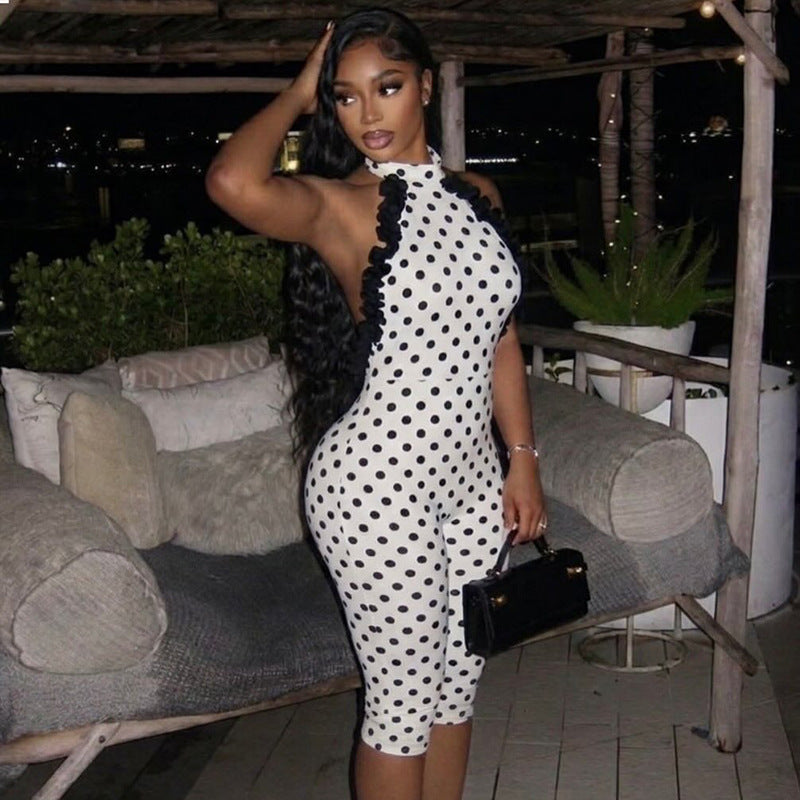 Women Printed Wear Turtleneck Slim Summer Jumpsuit Backless Low Waist Lace up Jumpsuit