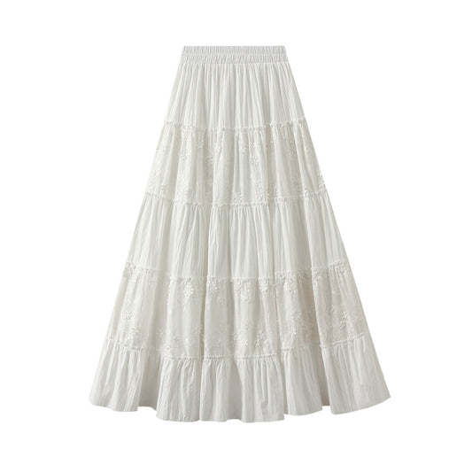 Gentle Stitching Tiered Skirt Women Spring High Waist Drooping Pleated Dress Slimming A line Big Hem Dress