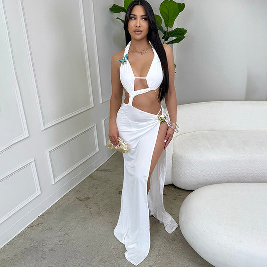 Summer Sexy Backless Lace up Maxi Dress Split Halter Dress