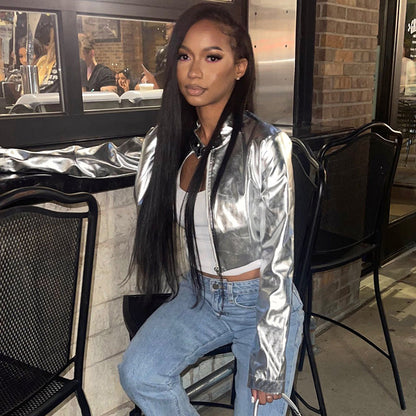 Metallic Coated Fabric Women Clothing Fall Winter Faux Leather Metal Collar Zipper Jacket Women Leather Jacket Coat - Wanita Store