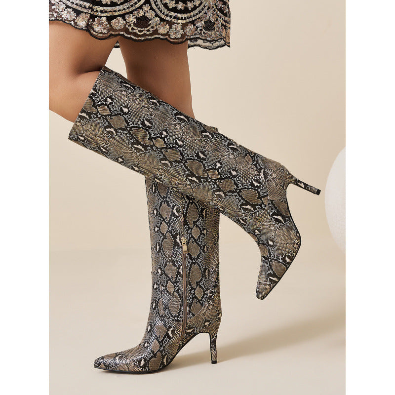 Straight Stiletto Snake Pattern Pointed Toe Side Zip Comfortable Outdoor Women Boots