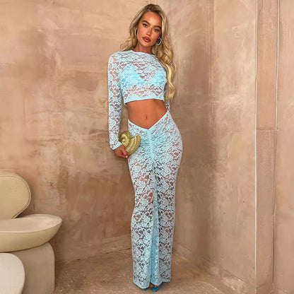 Women Clothing See through round Neck High Waist Long Sleeved Waist Sheath Skirt Two Piece Lace Skirt - Wanita Store