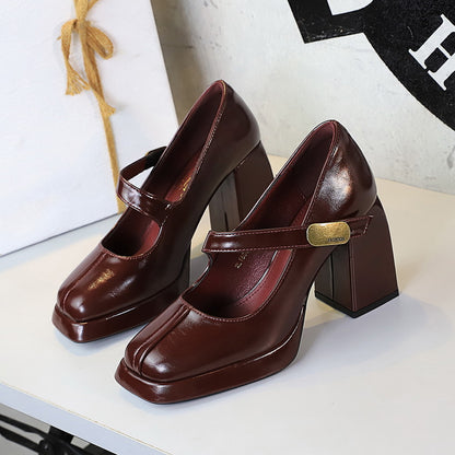 Retro High Heels Women Shoes Chunky Heel High Heel Waterproof Platform Metal Buckle Ankle Strap Shoes - Wanita Store