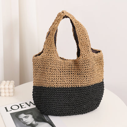 Color Matching Casual Portable Straw Weaved Bag Special Interest Design Contrast Color Woven Bag Wrist Bag Seaside Vacation Beach Bag - Wanita Store