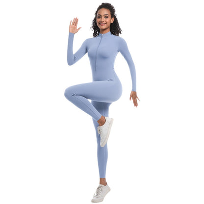 Zipper Nude Feel Long Sleeve Yoga Jumpsuit High Strength Running Fitness Clothes Sports Trend One Piece Tights - Wanita Store