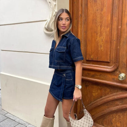Workwear Denim Culottes Women Summer V neck Short Sleeved Top Summer Women Sexy High Waist Irregular Asymmetric - Wanita Store