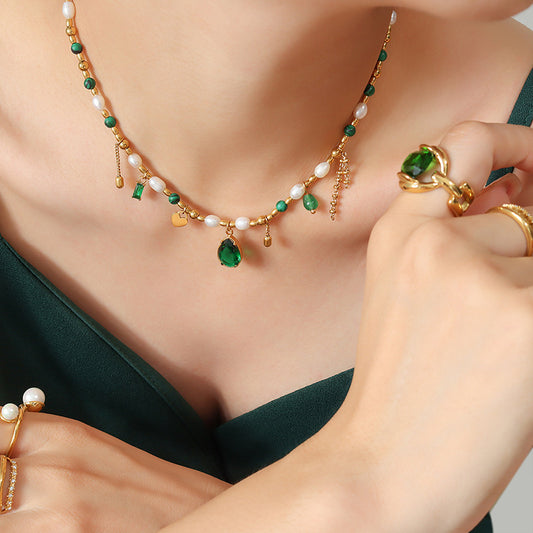Court Non Fading Design Elegant Graceful Personality Freshwater Pearl Zircon Jade Turquoise Embellished Necklace - Wanita Store
