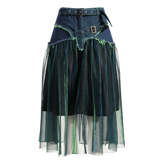 Niche Design Summer Denim Stitching Colorful Mesh Skirt Contrast Color High Waist Slimming Mid Length A line Skirt