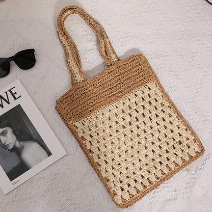 Color Matching Hollow Out Cutout out Crochet Shoulder Straw Bag Special Interest Design Hand Woven Bag Seaside Vacation Beach Bag - Wanita Store