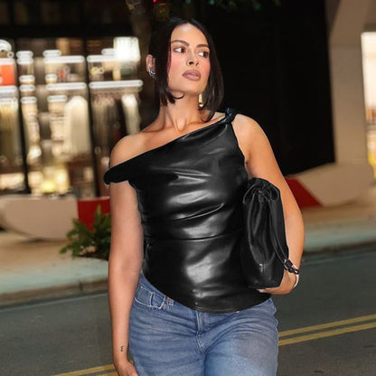 Sleeveless Vest Leather Oblique Shoulder Personality Irregular Asymmetric Top Women Clothing - Wanita Store