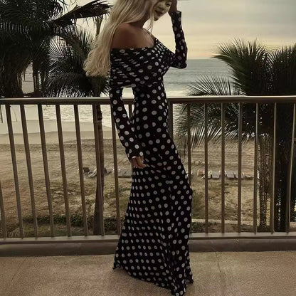 Spring Summer Gauze Polka Dot Stitching off Shoulder Sexy Slim Dress for Women - Wanita Store