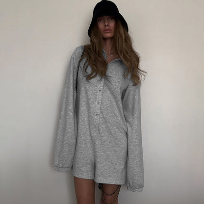 Casual Loose Breasted Jumpsuit Solid Color Simple Collared Basic Outer Wear Street Long Sleeve Jumpsuit Women - Wanita Store