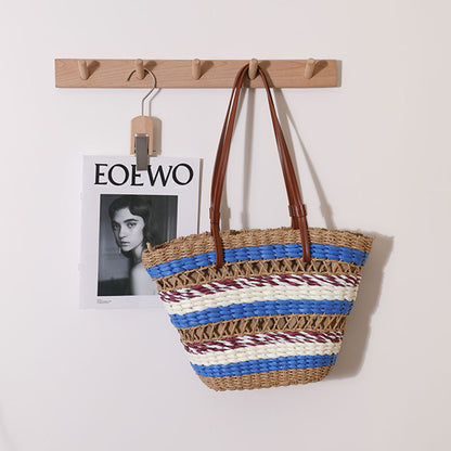 Hollow Out Cutout Straw Bag Vintage Stripe Portable Straw Bag Woven Bag Seaside Vacation Beach Bag Shoulder Bag - Wanita Store