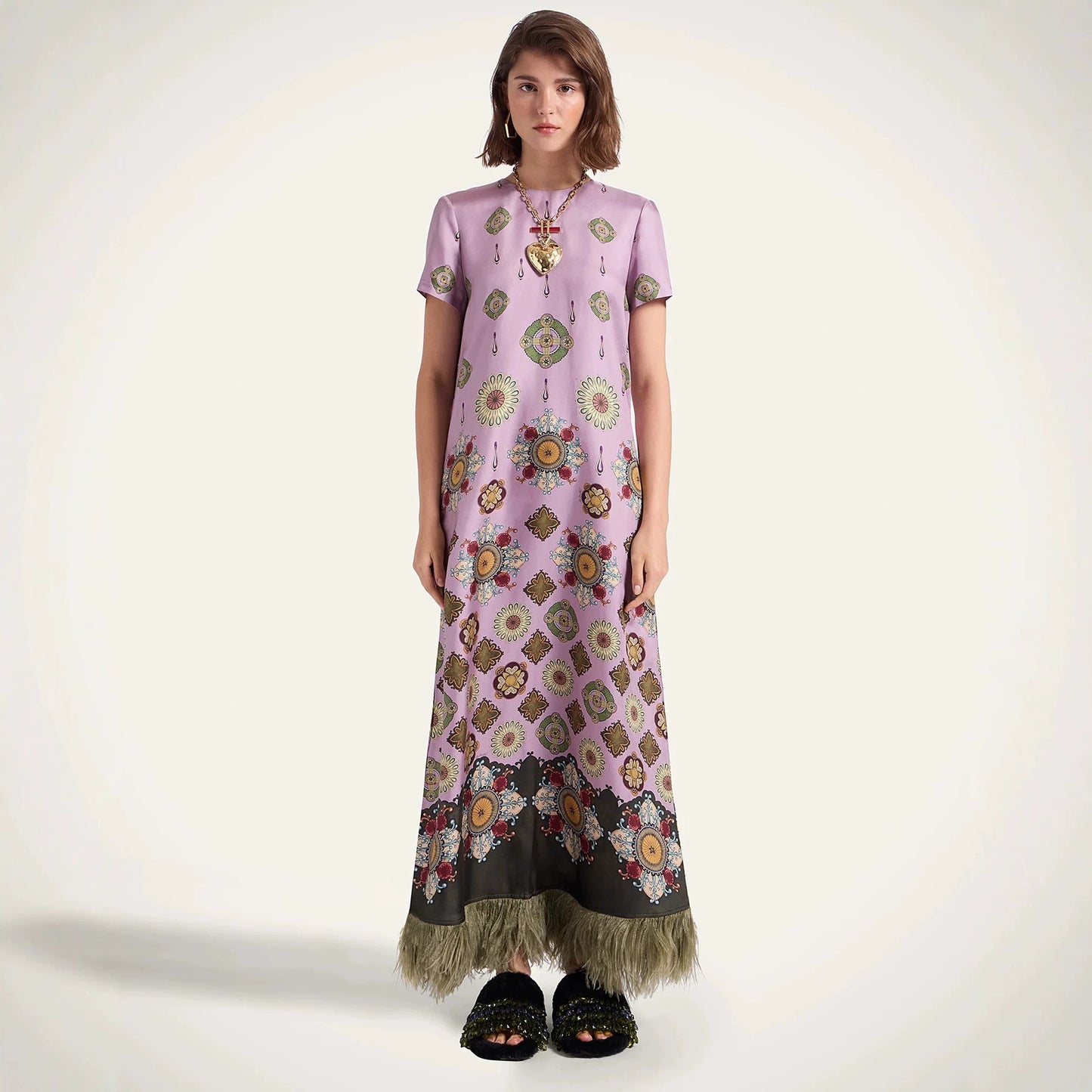 Spring Summer Satin Positioning Printed Feather Dress Short Sleeve Loose Dress for Women
