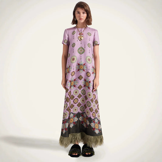 Spring Summer Satin Positioning Printed Feather Dress Short Sleeve Loose Dress for Women