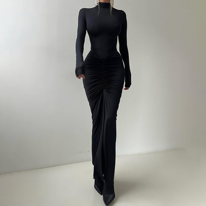 Women Clothing Autumn Solid Color Elegant Slim Slimming Pleated Turtleneck Long Sleeve Dress - Wanita Store