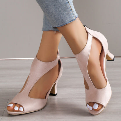 Chunky Heel Suede Fish Mouth Hollowed Sandals Women One Word Bag Heel Open Toed Roman Sandals - Wanita Store