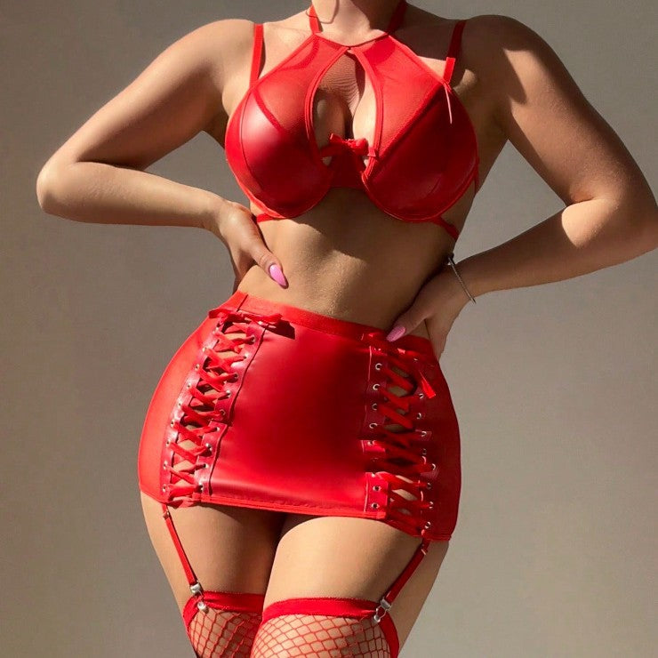 Faux Leather Halter Small Breast Push up Underwear Women Sexy Scheming Sexy Bra Beauty Back Nightclub Can Be Worn outside Game Clothes