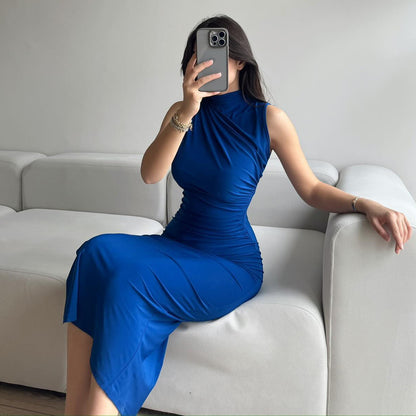 Summer Solid Color Split High Waist Slim Sexy Sleeveless Long Women Clothing Dress - Wanita Store