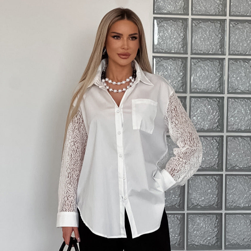 Spring Lace Stitching Hollow Out Cutout Backless Design Long Sleeve Collared Office Shirt for Women - Wanita Store