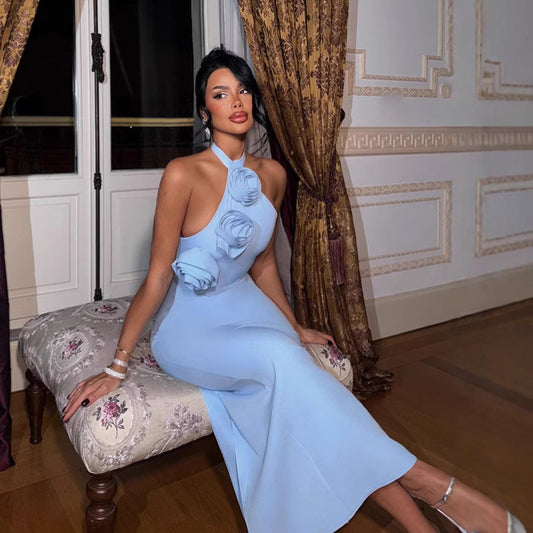 Women Clothing Three Dimensional Floral Sexy Halter Backless Split Dress