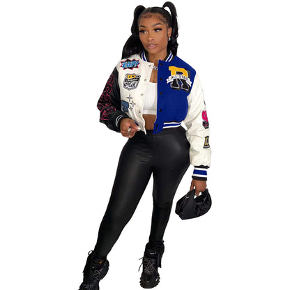 Urban Autumn Winter Positioning Printing Press Button Stitching Thread Varsity Jacket - Wanita Store