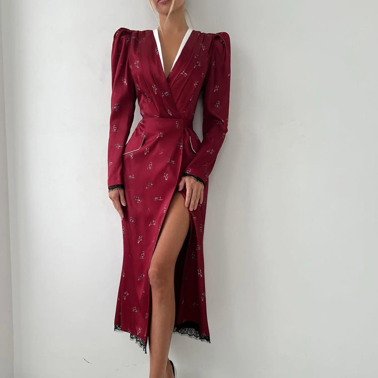 Women Clothing Elegant Printing A Line Dress V neck Long Sleeve Lace Stitching French Dress