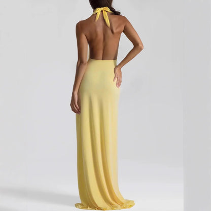 Women Deep V Plunge neck Lace up Backless Sexy Streamers Dress Sexy Maxi Dress - Wanita Store